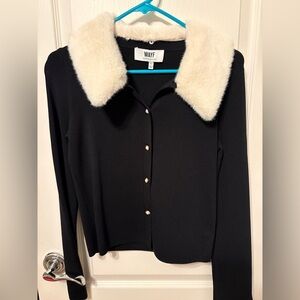 Wayf Black Cardigan with Cream Faux Fur Collar